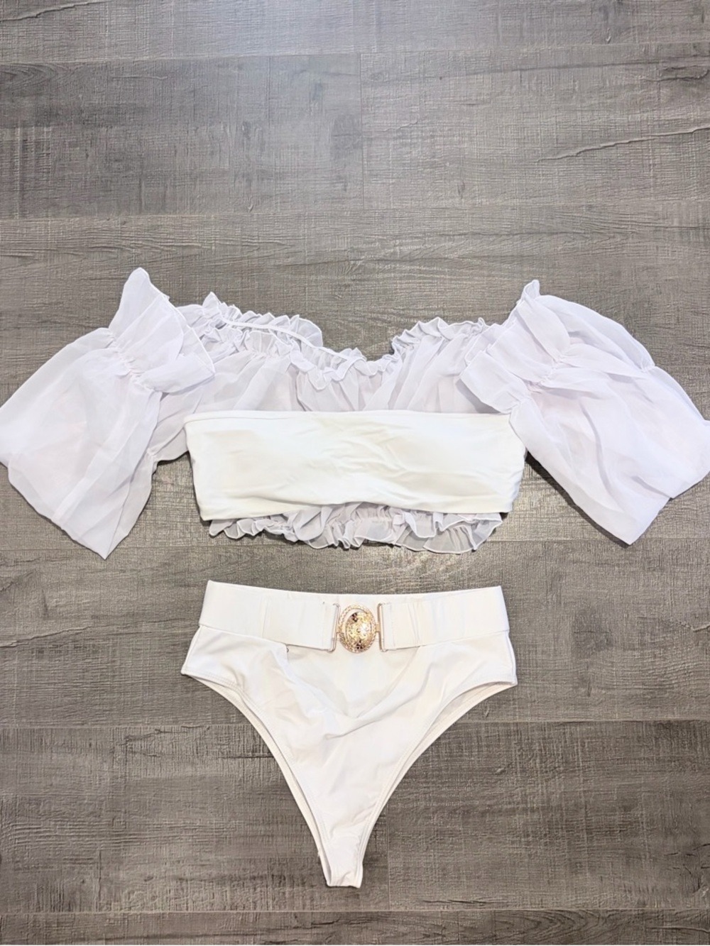 Off-Shoulder White Ruffle Bikini Set with Decorative Belt